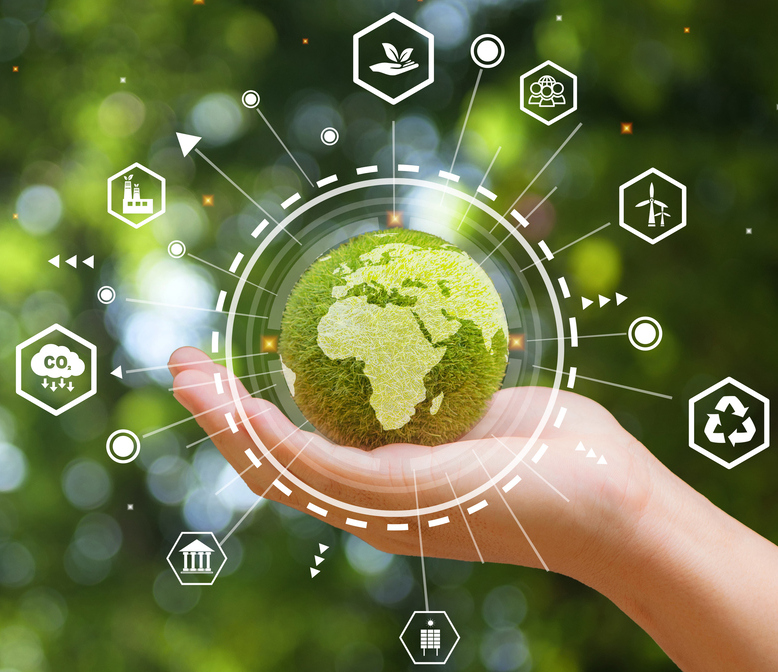 Hand of human holding green earth with the icon of Environment for ESG, co2, and net zero.World sustainable environment concept.