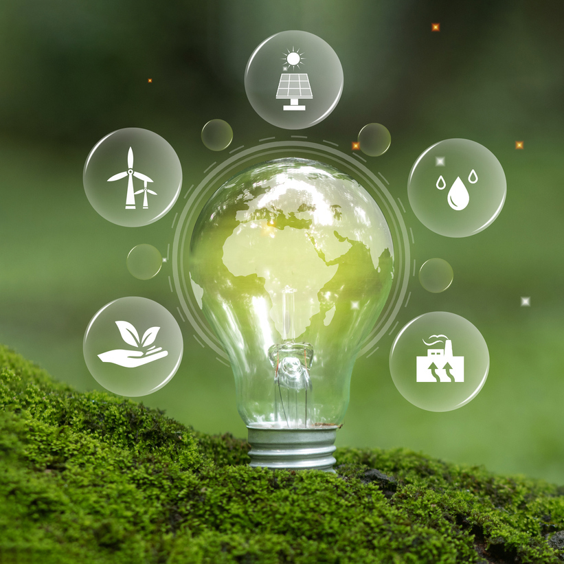 Renewable Energy. Light bulb with energy sources icons for renewable sustainable development, green energy, clean energy in nature, environmental friendly energy and environmental concepts